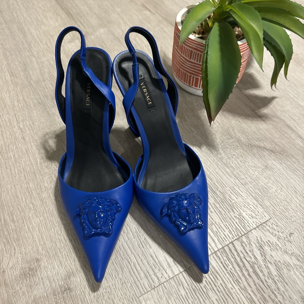 Versace Cobalt Blue Pointed Slingback Heels with Medusa Motif